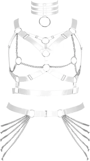 Plus Size Body Harness Fat Woman Girl Metal chain Full Hollow Out Cage Bra Leg Stockings Garter Belt Set Gothic Rave Clothing