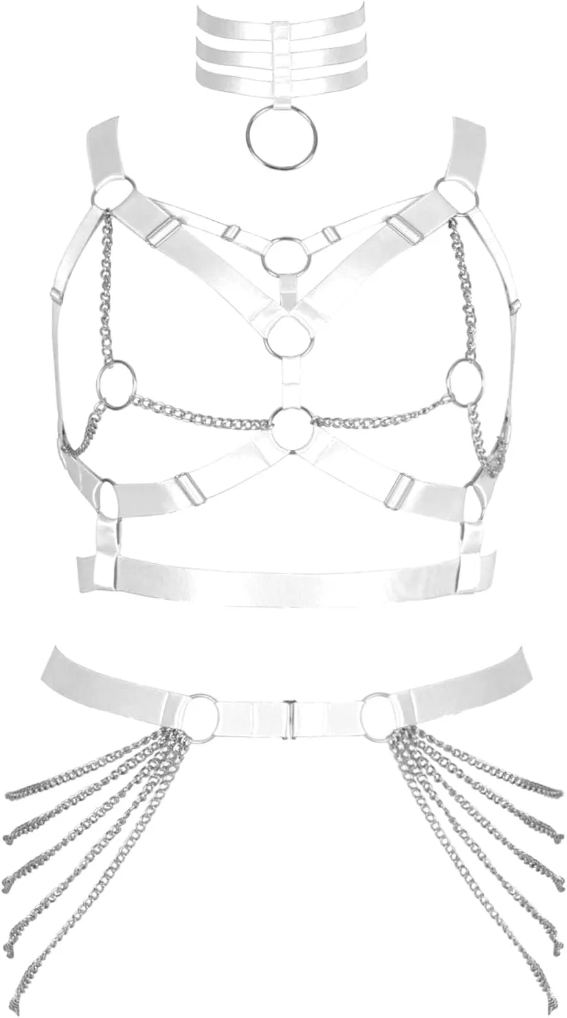 Plus Size Body Harness Fat Woman Girl Metal chain Full Hollow Out Cage Bra Leg Stockings Garter Belt Set Gothic Rave Clothing