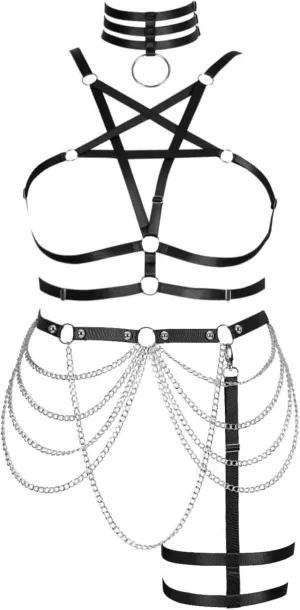 Plus Size Body Harness for Women Gothic Pentagram Full Cage Hollow Out 2 Piece Strappy Bra Garter Belts Set Punk Clothing