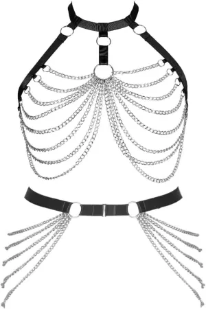 Plus Size Body Harness for Women Gothic Pentagram Full Cage Hollow Out 2 Piece Strappy Bra Garter Belts Set Punk Clothing