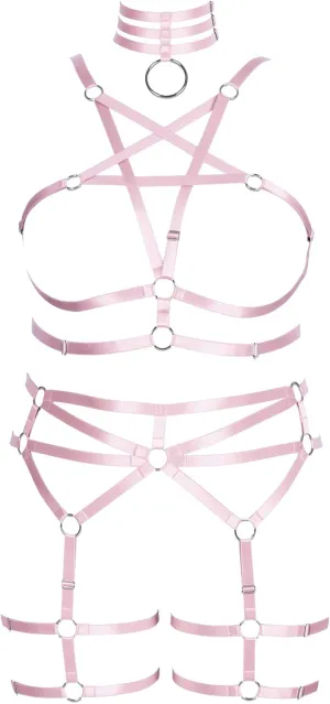 Plus Size Body Harness for Women Gothic Pentagram Full Cage Hollow Out 2 Piece Strappy Bra Garter Belts Set Punk Clothing