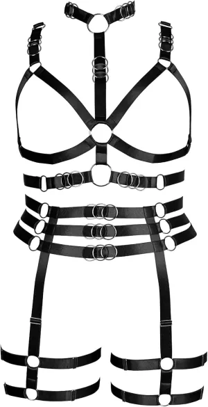Plus Size Body Harness for Women Gothic Pentagram Full Cage Hollow Out 2 Piece Strappy Bra Garter Belts Set Punk Clothing