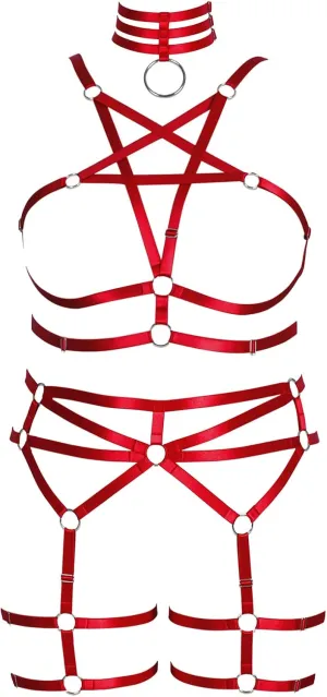 Plus Size Body Harness for Women Gothic Pentagram Full Cage Hollow Out 2 Piece Strappy Bra Garter Belts Set Punk Clothing