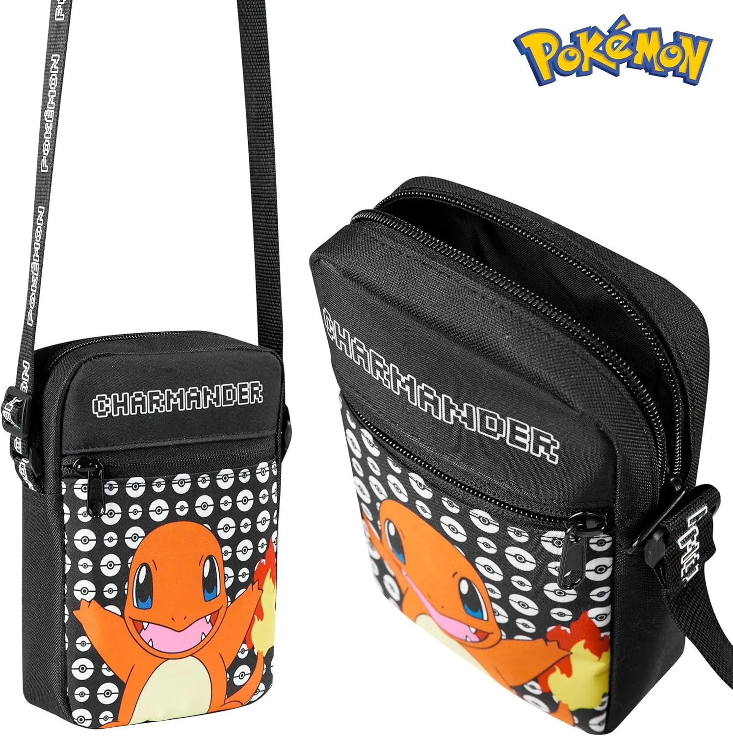 Pokemon Shoulder Bag Cross Body Bag for Kids - Adjustable Strap Kids Pikachu Small Travel Bag - Gamer Gifts (Black Charmander)