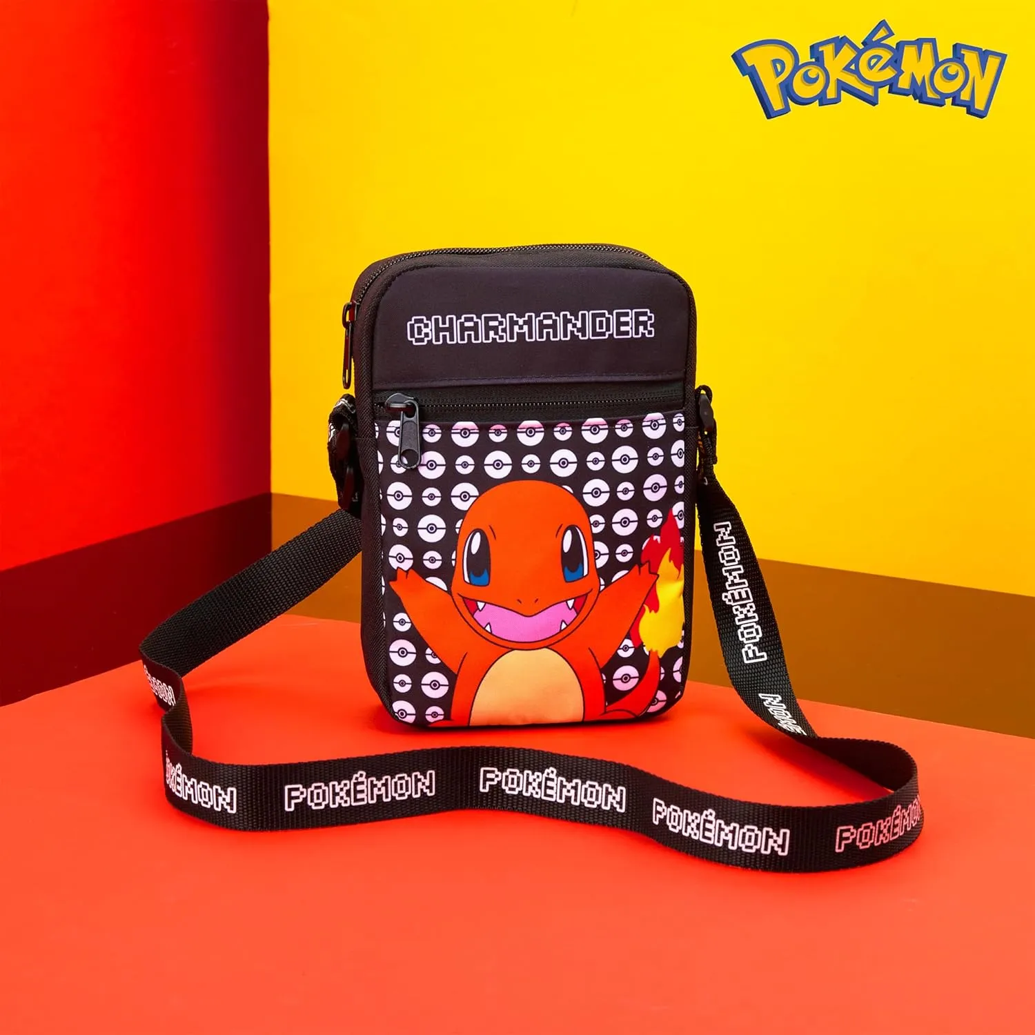Pokemon Shoulder Bag Cross Body Bag for Kids - Adjustable Strap Kids Pikachu Small Travel Bag - Gamer Gifts (Black Charmander)