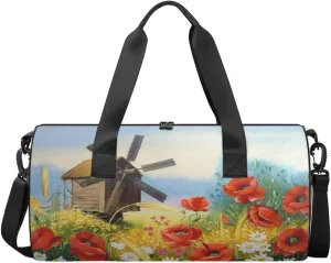 Poppies Travel Duffel Bag Windmill House Sports Gym Bag Men Women Sports Travel Luggage Bag 17.6”×9”×9 “ Duffel Bag Weekend Overnight Gym Bag Nvenient For Carrying
