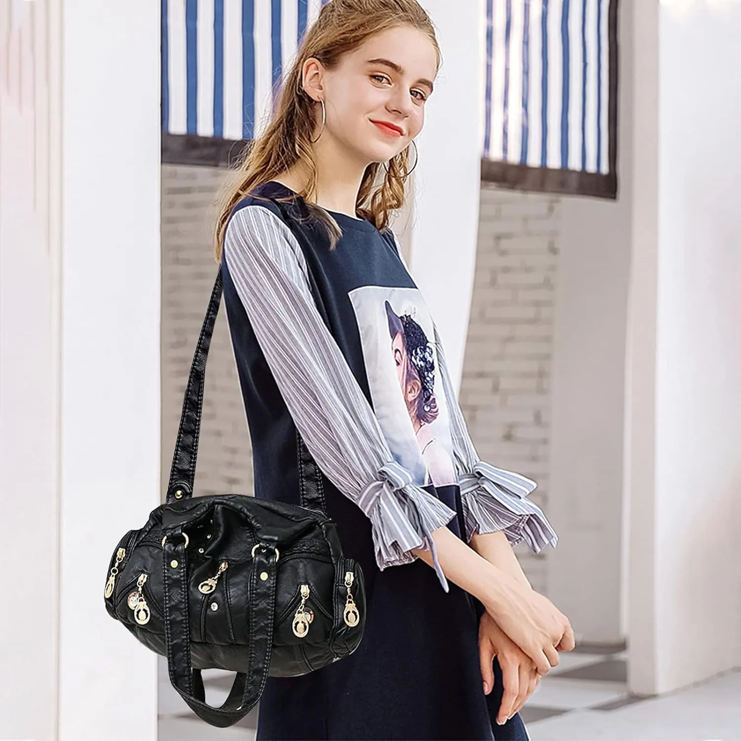 PORRASSO Ladies Handbags Fashion Shoulder Bag Hobo Bag Soft PU Leather Crossbody Bags Women Top-handle Bag