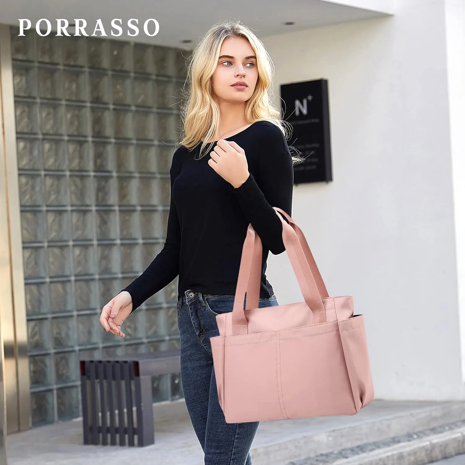 PORRASSO Tote Bag Nylon Waterproof Handbag Women Shoulder Bag for Shopping Travel Work Daily Use Pink