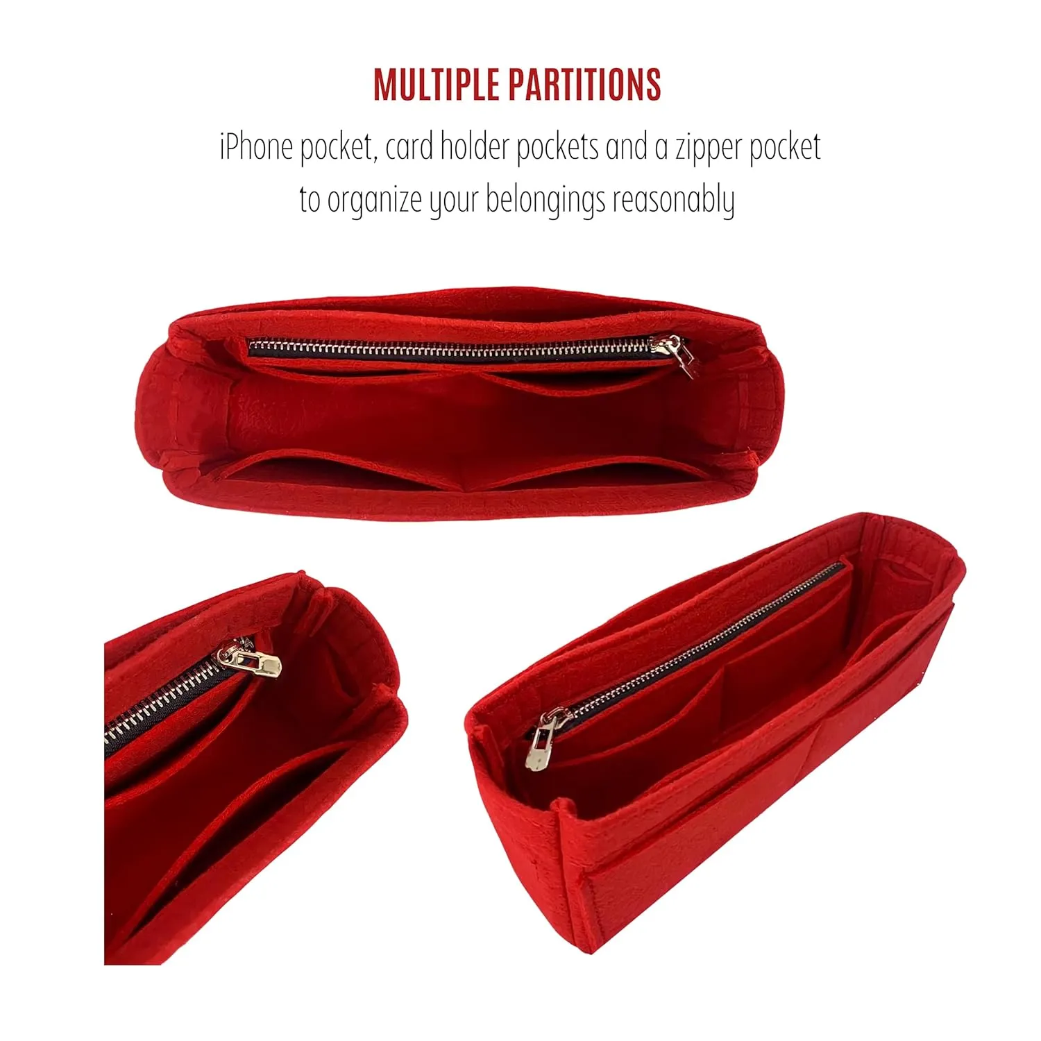 Premium Purse Organizer fits Boulogne Bag Insert Organizer, Boulogne Organizer, Handmade 2mm Premium Felt Snug Sturdy Gold Zipper Tapered Shape, Perfect Fit (For Boulogne Bag, Red)