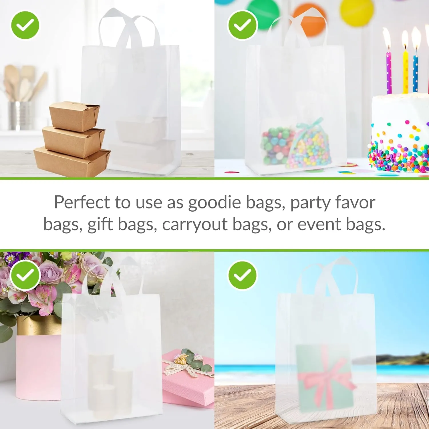 Prime Line Packaging Plastic Gift Bags with Handles, Clear Tote for Shopping, Small Business, Frosted Boutiques Supply, Retail, Bulk, 10x5x13 100 Pack