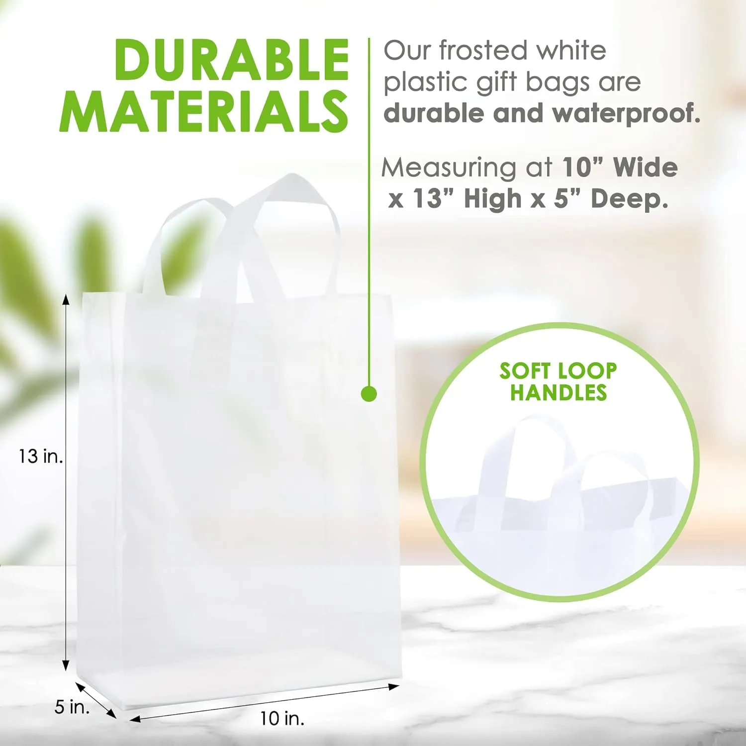 Prime Line Packaging Plastic Gift Bags with Handles, Clear Tote for Shopping, Small Business, Frosted Boutiques Supply, Retail, Bulk, 10x5x13 100 Pack