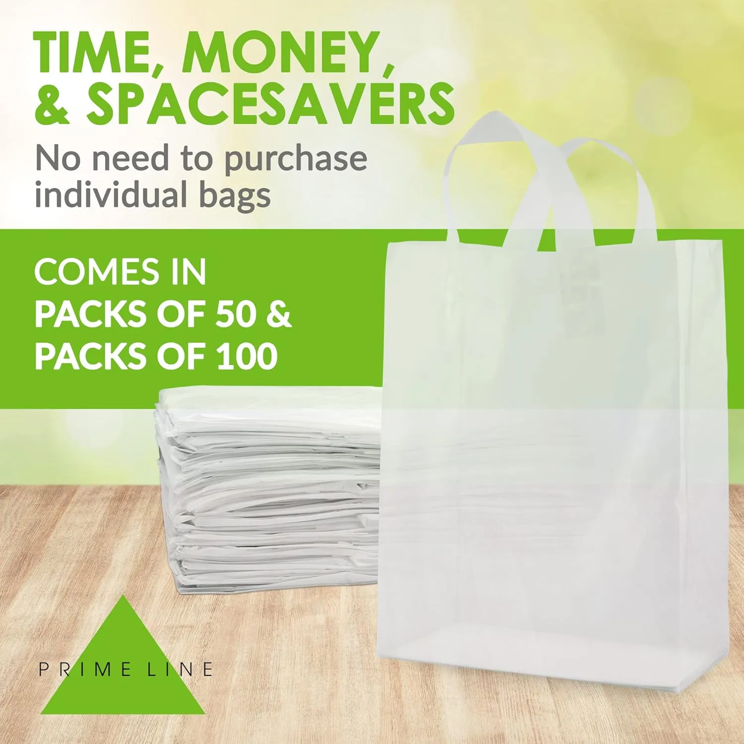 Prime Line Packaging Plastic Gift Bags with Handles, Clear Tote for Shopping, Small Business, Frosted Boutiques Supply, Retail, Bulk, 10x5x13 100 Pack
