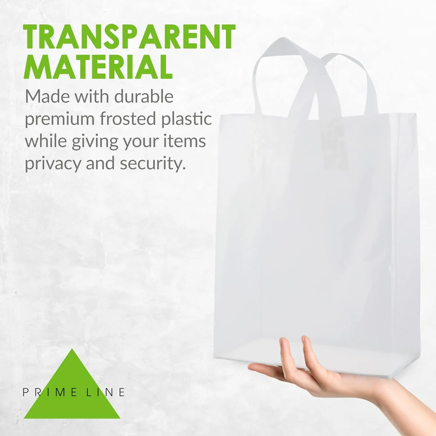 Prime Line Packaging Plastic Gift Bags with Handles, Clear Tote for Shopping, Small Business, Frosted Boutiques Supply, Retail, Bulk, 10x5x13 100 Pack
