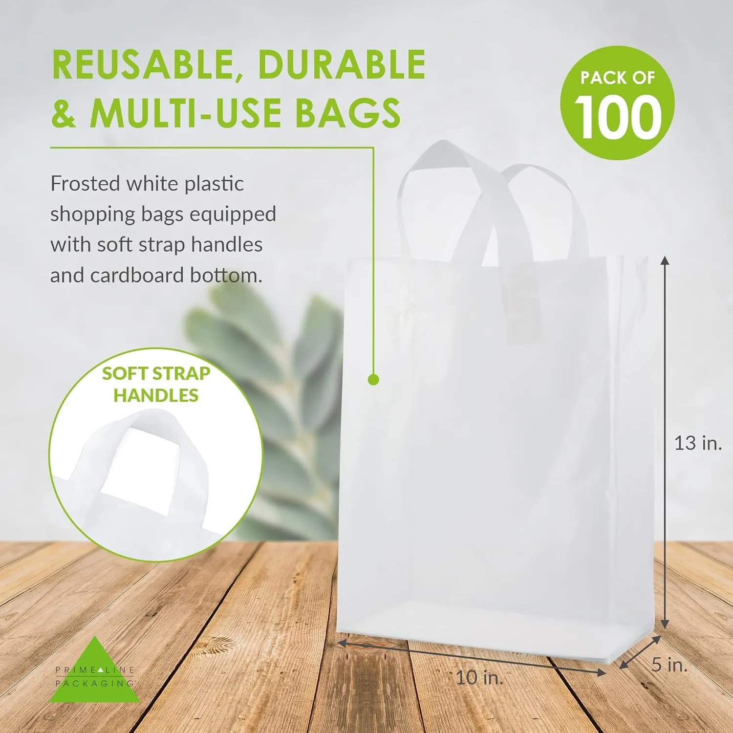 Prime Line Packaging Plastic Gift Bags with Handles, Clear Tote for Shopping, Small Business, Frosted Boutiques Supply, Retail, Bulk, 10x5x13 100 Pack