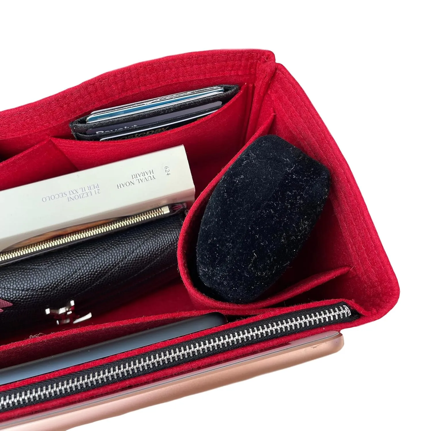 Purse Organizer for Celine Trapeze Bag Organizer, Small Trapeze Organizer, Large Trapeze Insert, Handmade 2mm Thick Felt Gold Zipper (For Medium Trapeze, Azure Blue)