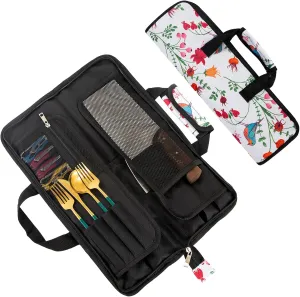 Qchengsan Chef’s Knife Roll,The Pioneer Woman Kitchen Accessories Knife Bag,13 Slots Floral Pattern Knife Case,Chef Knife Bag,Multi-function Cutlery Knives Pouch Holder Knife Wrap Wallet Tool Roll