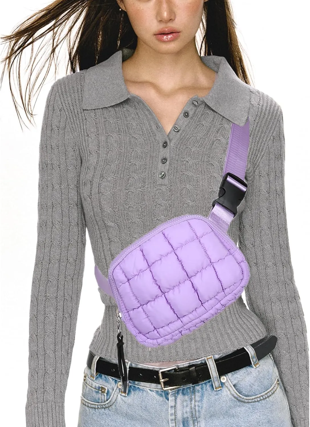 Quilted Puffer Belt Bag, Everywhere Waist Fanny Packs, Lightweight Crossbody Bag with Adjustable Strap, Purple