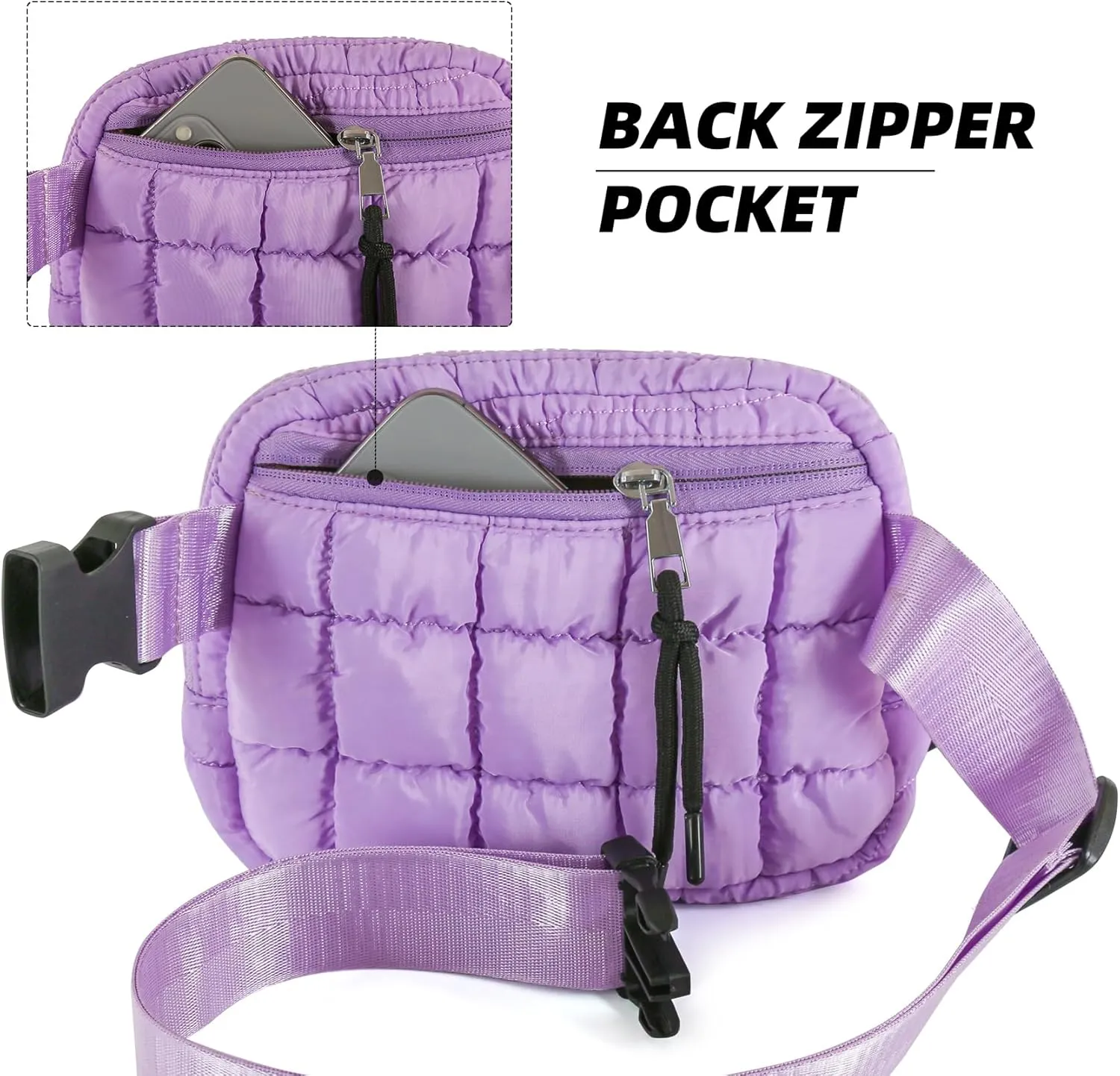 Quilted Puffer Belt Bag, Everywhere Waist Fanny Packs, Lightweight Crossbody Bag with Adjustable Strap, Purple