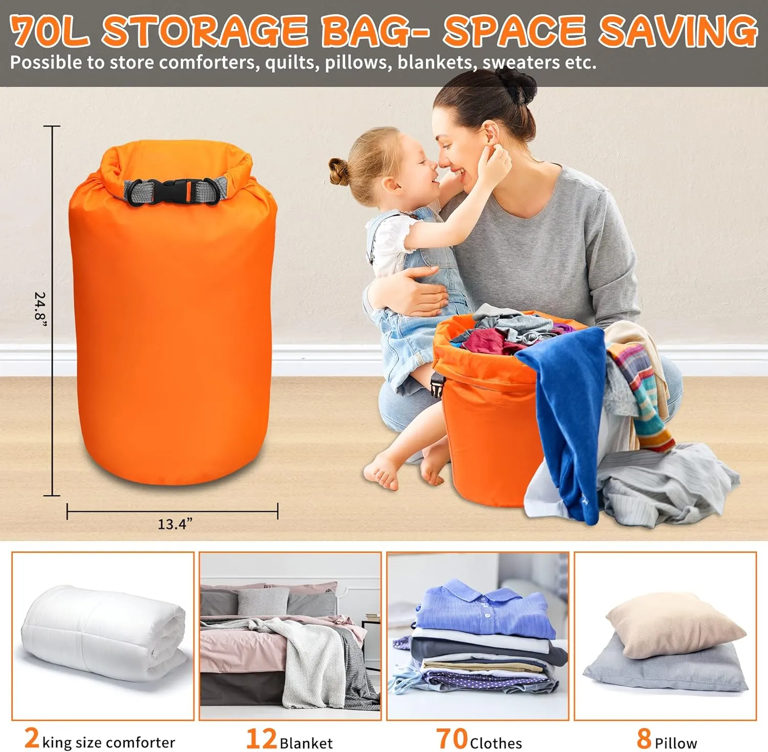 R2Depot Waterproof Dry Bag, 5L/10L/20L/40L/70L Dry Storage Bag for Kayaking, Gym, Hiking, Swimming (Blue, 70L)
