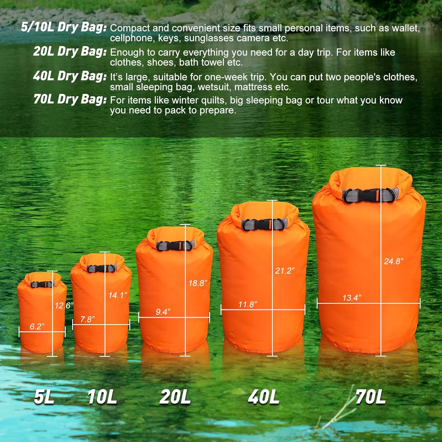R2Depot Waterproof Dry Bag, 5L/10L/20L/40L/70L Dry Storage Bag for Kayaking, Gym, Hiking, Swimming (Blue, 70L)
