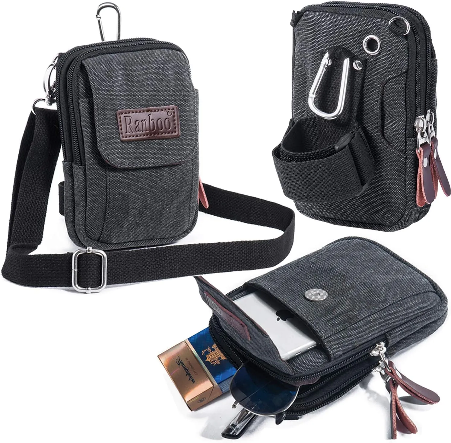 Ranboo Canvas Phone Pouch for Men Small Crossbody Purse Shoulder Cell Phone Arm Bag Multifunction Carrier Belt Clip Holster Case Fits for iPhone 16/15/14/13/12 Pro Max Samsung Galaxy S25 Ultra A15 A25