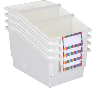 Really Good Stuff Chapter Book Library Bins with Dividers, 8.75" x 13.5" x 7.75" - 4 Pack, White, Plastic Shelf Bin Organizer for Classroom Library, Book Organization, Documents, Files, Magazines