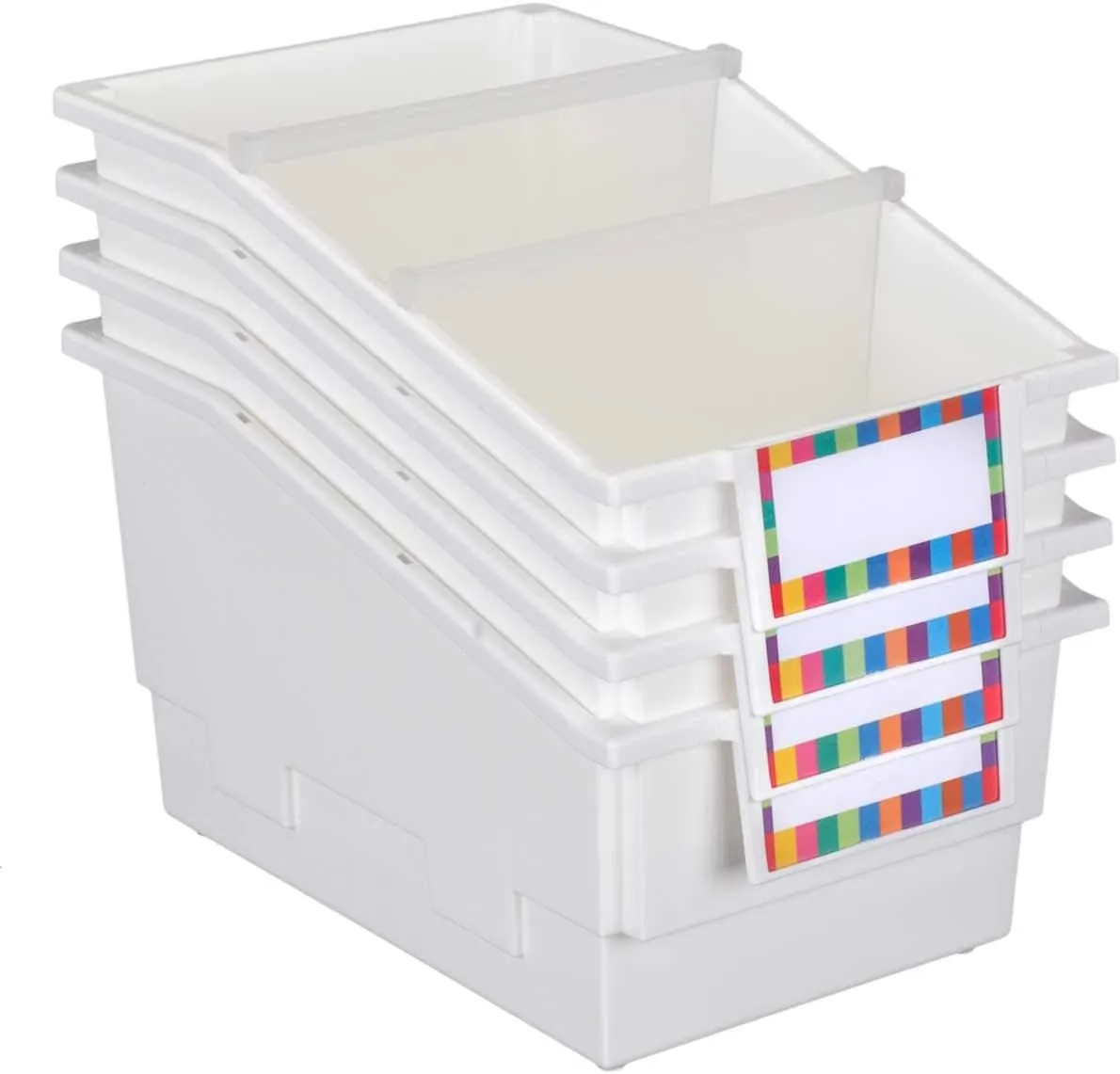 Really Good Stuff Chapter Book Library Bins with Dividers, 8.75" x 13.5" x 7.75" - 4 Pack, White, Plastic Shelf Bin Organizer for Classroom Library, Book Organization, Documents, Files, Magazines