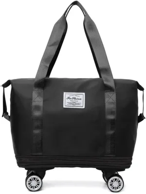Rolling Duffle Bag with Wheels and Handle Foldable Travel Bag Expandable Carry on Bag with Detachable Casters Wheeled Weekender Bag for Women & Men - Black
