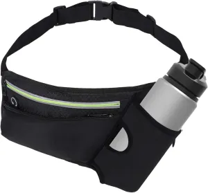 Running Belt Sport Waist Pack with Water Bottle Holder Fanny Pack Reflective Stripes Cellphone Storage Earphone hole for Dog walker Hiking Travel with 2 zipped pockets