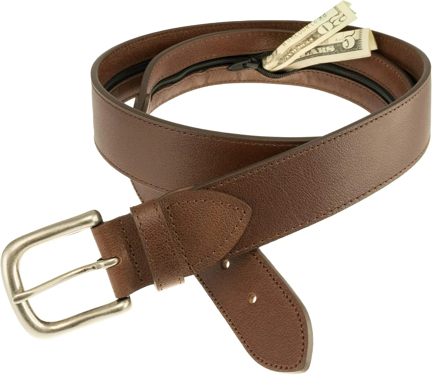 Sandpoint Leather Tab Money Belt with Extra Spacious Zipper Pocket (Brown, 34)