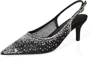 sarawill Women's Pointed Toe Mesh Kitten Heel Pumps Rhinestones Slip On Low Heel Party Office Dress Shoes for Women
