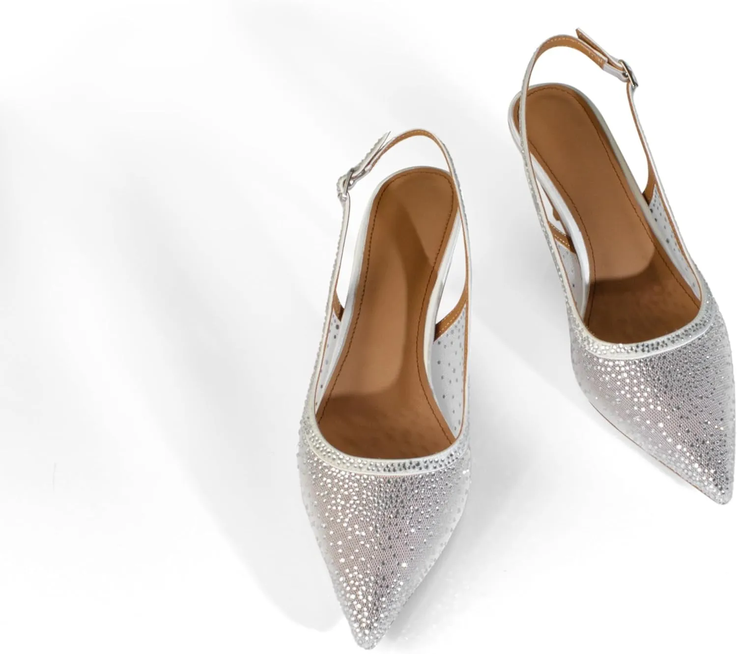 sarawill Women's Pointed Toe Mesh Kitten Heel Pumps Rhinestones Slip On Low Heel Party Office Dress Shoes for Women