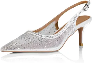 sarawill Women's Pointed Toe Mesh Kitten Heel Pumps Rhinestones Slip On Low Heel Party Office Dress Shoes for Women