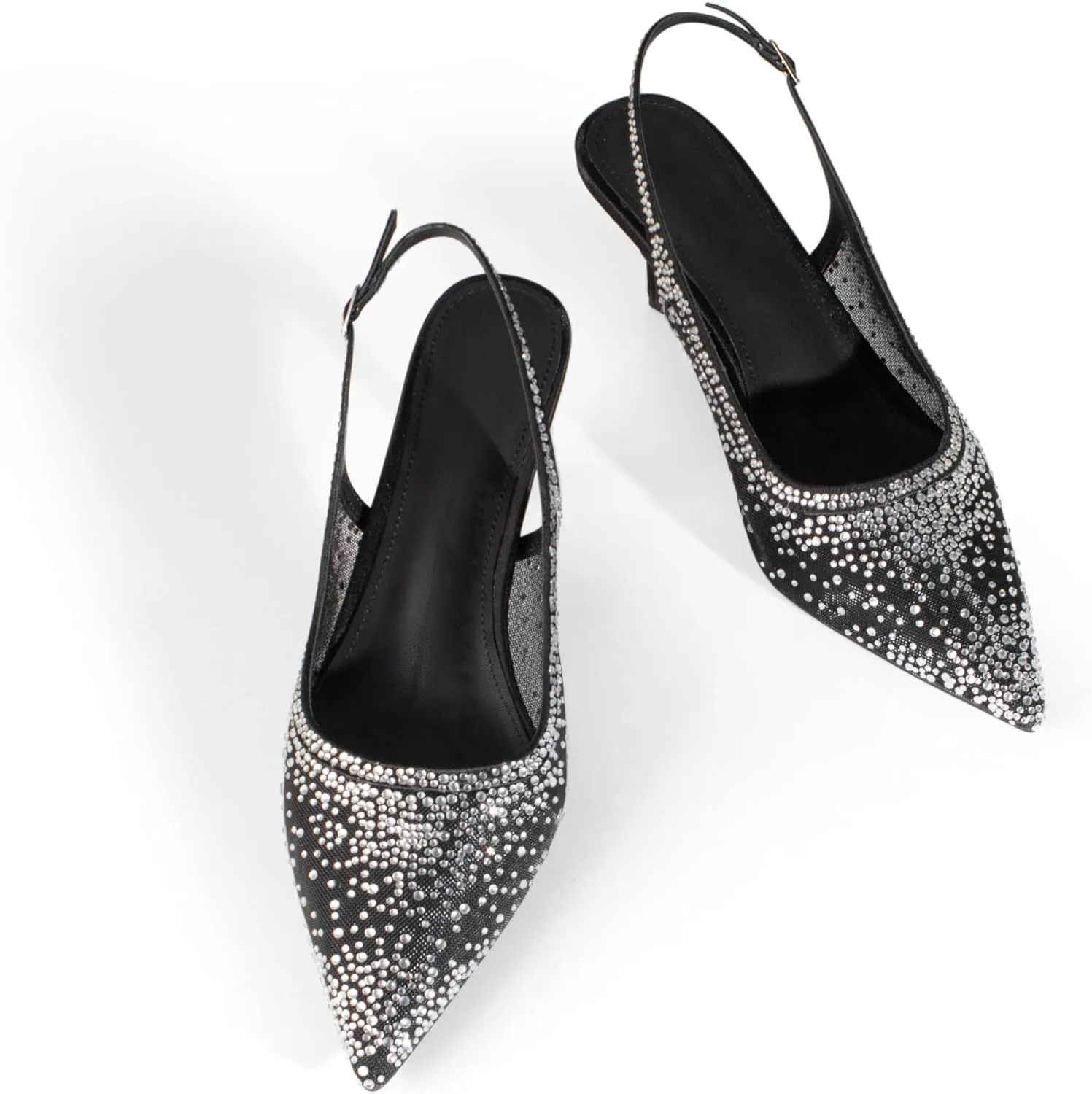 sarawill Women's Pointed Toe Mesh Kitten Heel Pumps Rhinestones Slip On Low Heel Party Office Dress Shoes for Women