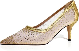 sarawill Women's Pointed Toe Mesh Kitten Heel Pumps Rhinestones Slip On Low Heel Party Office Dress Shoes for Women