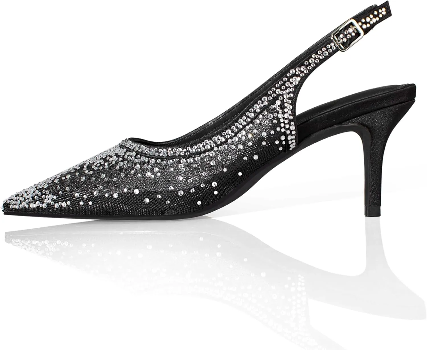 sarawill Women's Pointed Toe Mesh Kitten Heel Pumps Rhinestones Slip On Low Heel Party Office Dress Shoes for Women