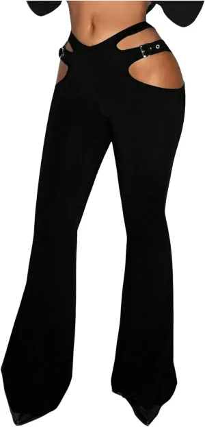 SHENHE Women's Low Waist Bootcut Flare Leg Pants Cut Out Y2K Trousers Night Out Pants