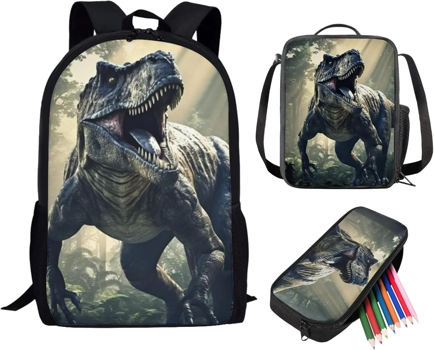 Showudesigns 3d Dinosaur Backpack With Lunch Box and Pencil Case Set 3 In 1 Kids School Bags for Boys 7-10/10-12 Elementary Middle School Bookbag 3Rd 4Th 5Th 6Th Grade Teen Girls Book Bags 17inch