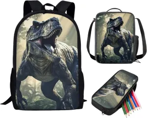 Showudesigns 3d Dinosaur Backpack With Lunch Box and Pencil Case Set 3 In 1 Kids School Bags for Boys 7-10/10-12 Elementary Middle School Bookbag 3Rd 4Th 5Th 6Th Grade Teen Girls Book Bags 17inch