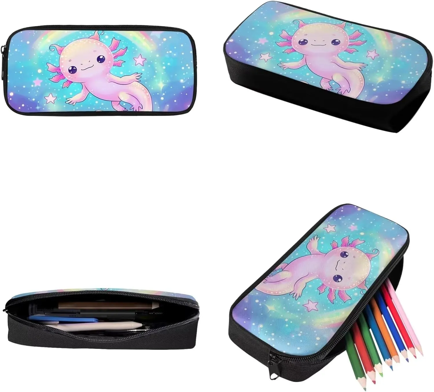 Showudesigns Galaxy Axolotl Backpack for School Aesthetic Kindergarten Elementary Middle School Bag with Lunch Box Pencil Case for Kids Rucksack Cute Animal Rainbow Star