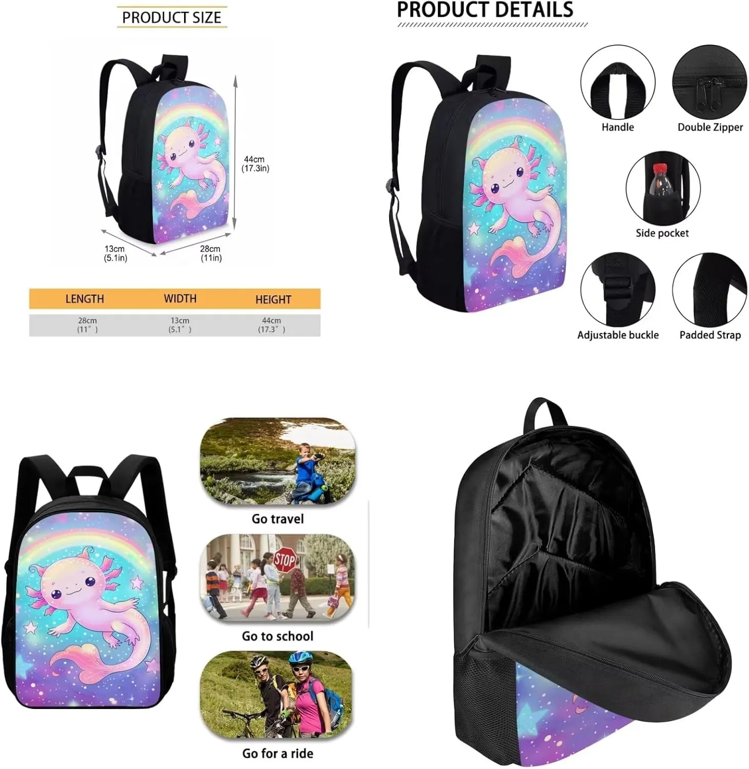 Showudesigns Galaxy Axolotl Backpack for School Aesthetic Kindergarten Elementary Middle School Bag with Lunch Box Pencil Case for Kids Rucksack Cute Animal Rainbow Star
