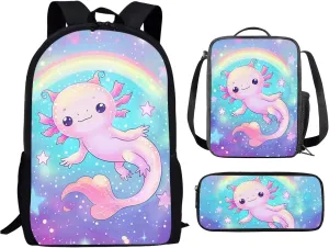 Showudesigns Galaxy Axolotl Backpack for School Aesthetic Kindergarten Elementary Middle School Bag with Lunch Box Pencil Case for Kids Rucksack Cute Animal Rainbow Star