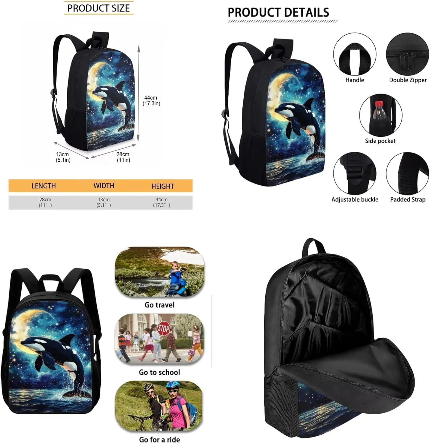 Showudesigns Killer Whale Backpack with Lunch Box for Girls 10-12 School Bags Set 3 In 1 Elementary Bookbag Back Pack Lunchbag Tote Pencil Case Boys Middle School Book Bags Travel Daypack