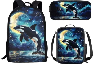 Showudesigns Killer Whale Backpack with Lunch Box for Girls 10-12 School Bags Set 3 In 1 Elementary Bookbag Back Pack Lunchbag Tote Pencil Case Boys Middle School Book Bags Travel Daypack