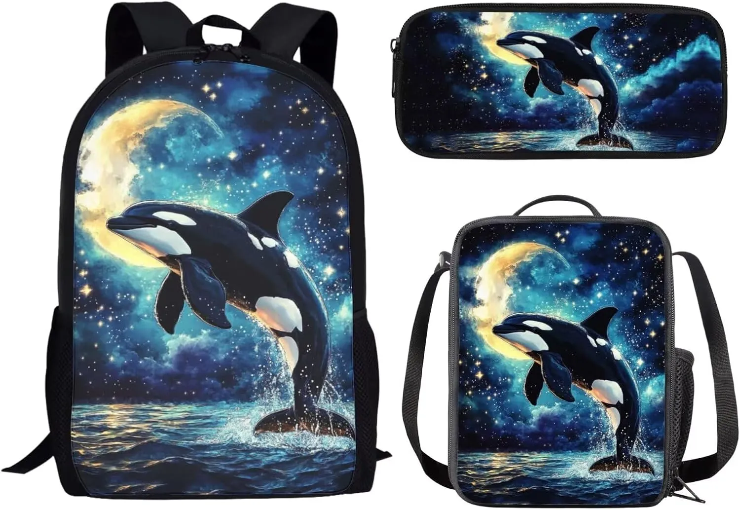 Showudesigns Killer Whale Backpack with Lunch Box for Girls 10-12 School Bags Set 3 In 1 Elementary Bookbag Back Pack Lunchbag Tote Pencil Case Boys Middle School Book Bags Travel Daypack