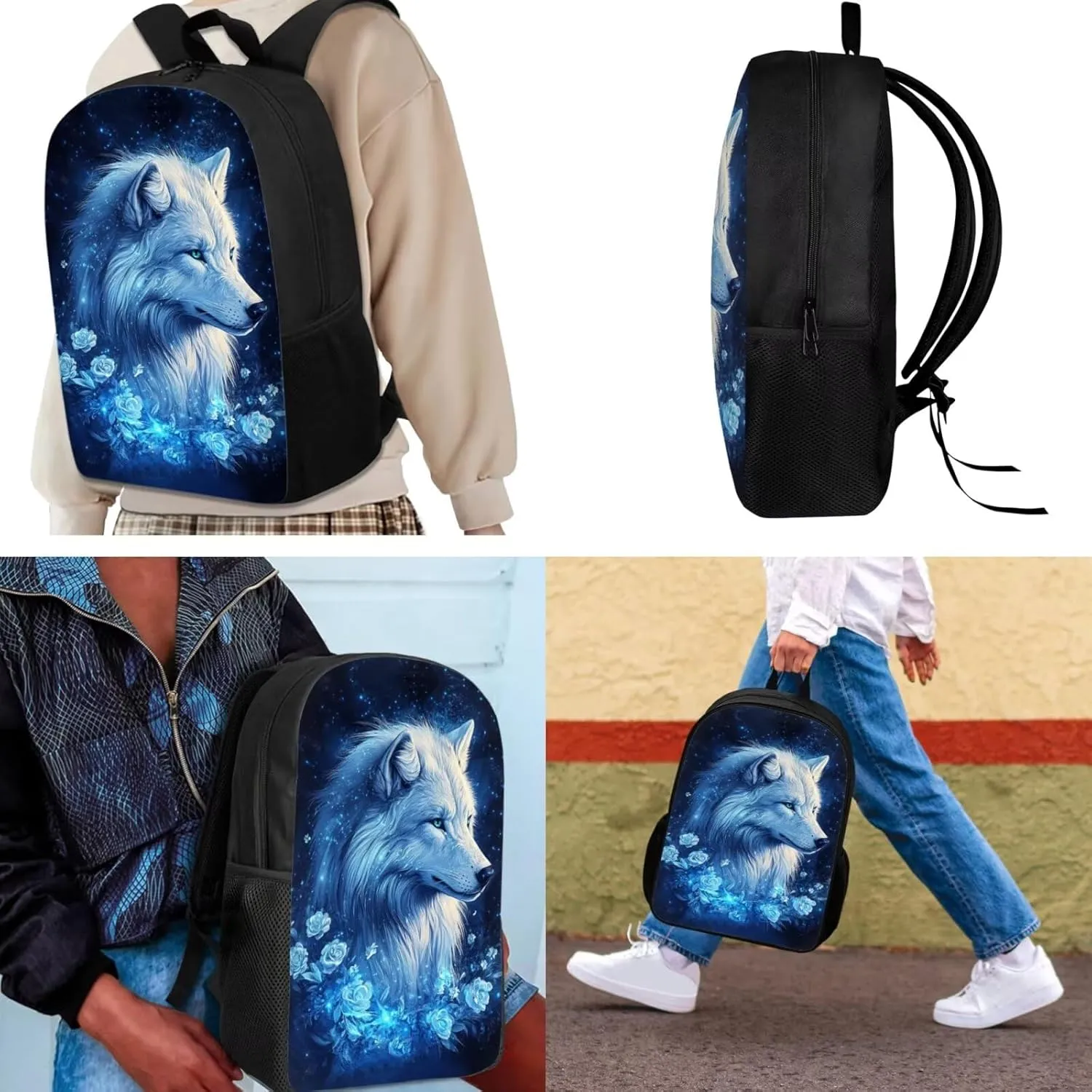 Showudesigns Rose Wolf Backpack for Girls 10-12 12-14 Middle School Bag Lunch Box Set Pencil Case Kids Bookbag 6Th/7Th Grade Teens School Bag 17 Inch Back Pack Casual Daypack Rucksack