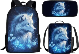 Showudesigns Rose Wolf Backpack for Girls 10-12 12-14 Middle School Bag Lunch Box Set Pencil Case Kids Bookbag 6Th/7Th Grade Teens School Bag 17 Inch Back Pack Casual Daypack Rucksack