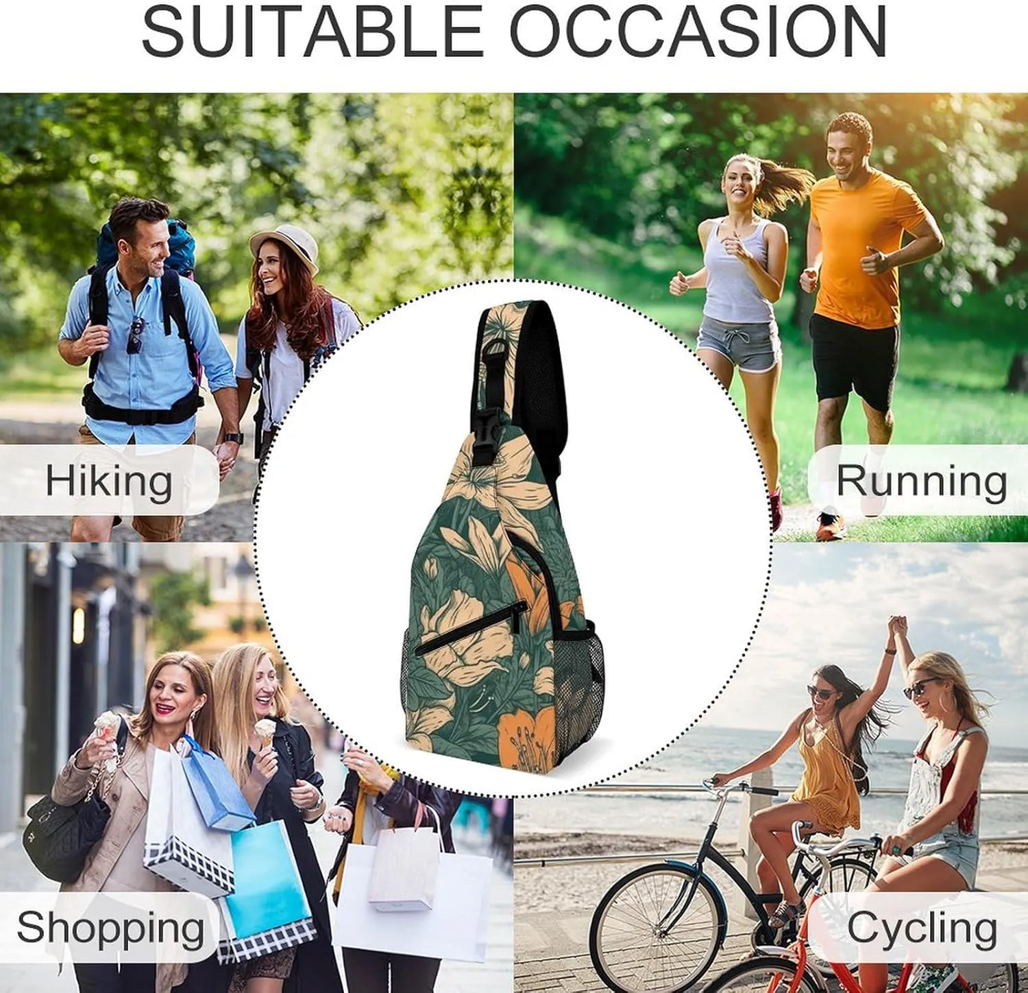 Sling Bag for Women Men Chest Bag Green Orange Flowers Daypack Fanny Pack Cross Body Bag for Traveling