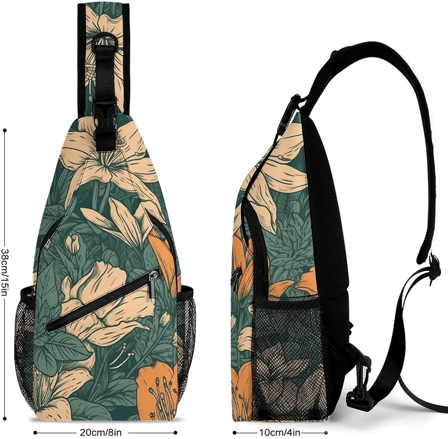 Sling Bag for Women Men Chest Bag Green Orange Flowers Daypack Fanny Pack Cross Body Bag for Traveling