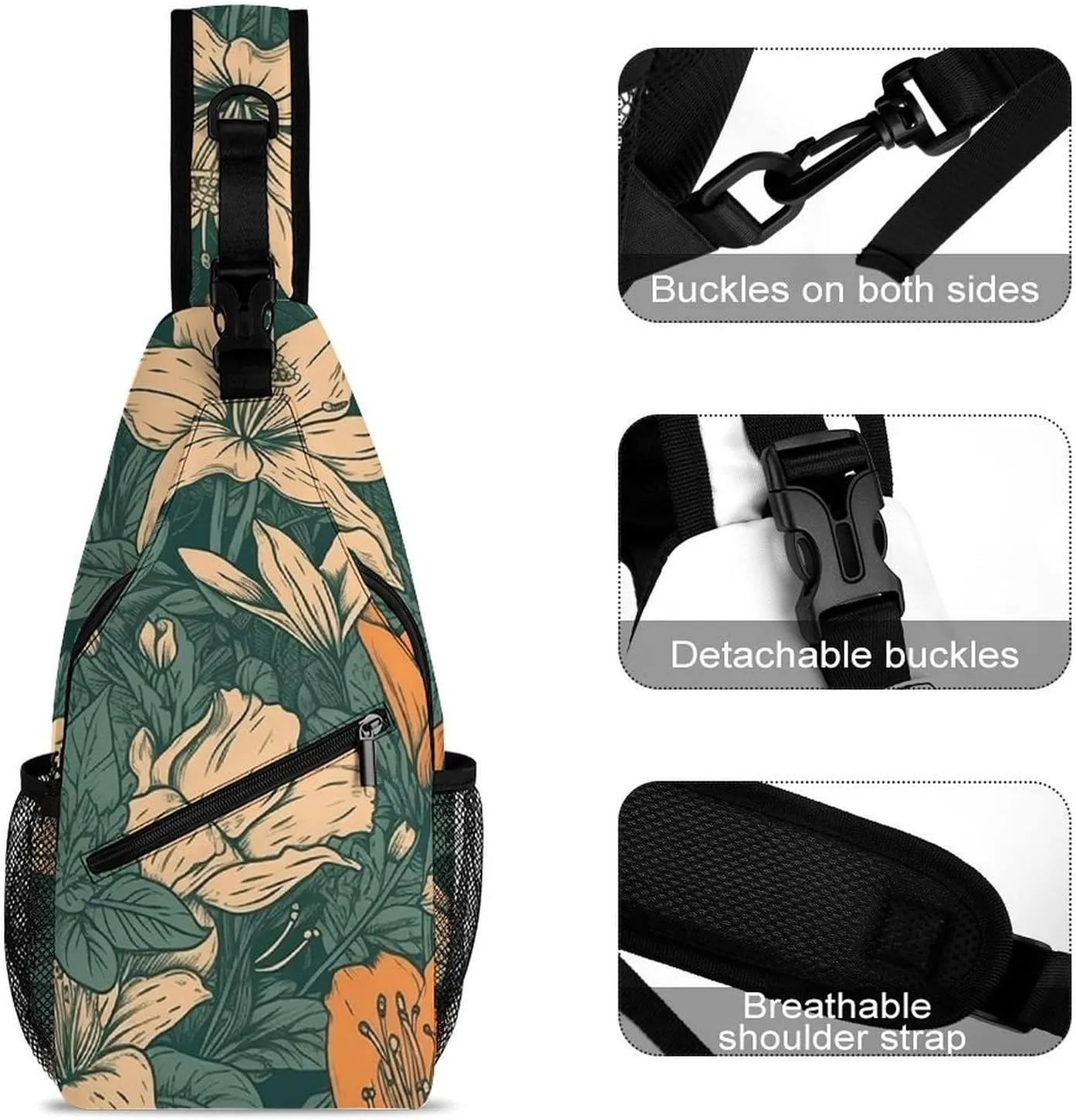 Sling Bag for Women Men Chest Bag Green Orange Flowers Daypack Fanny Pack Cross Body Bag for Traveling